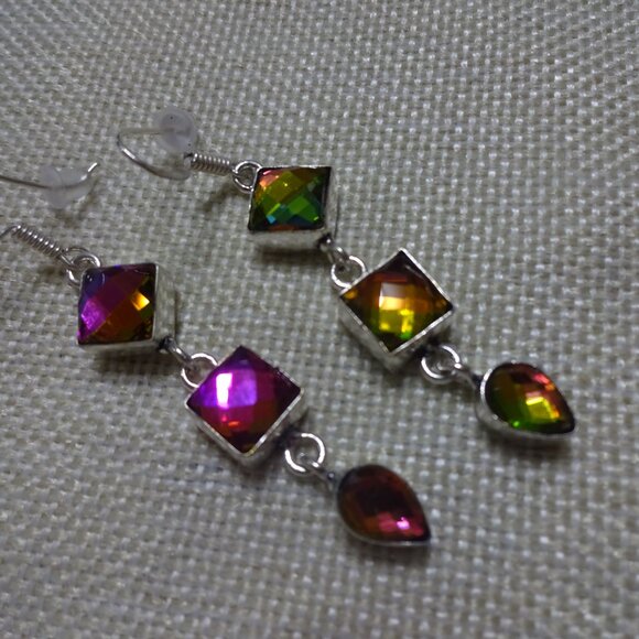 Beautiful RAINBOW MYSTIC TOPAZ Handmade Silver Dangle Earrings #994B - Picture 3 of 3